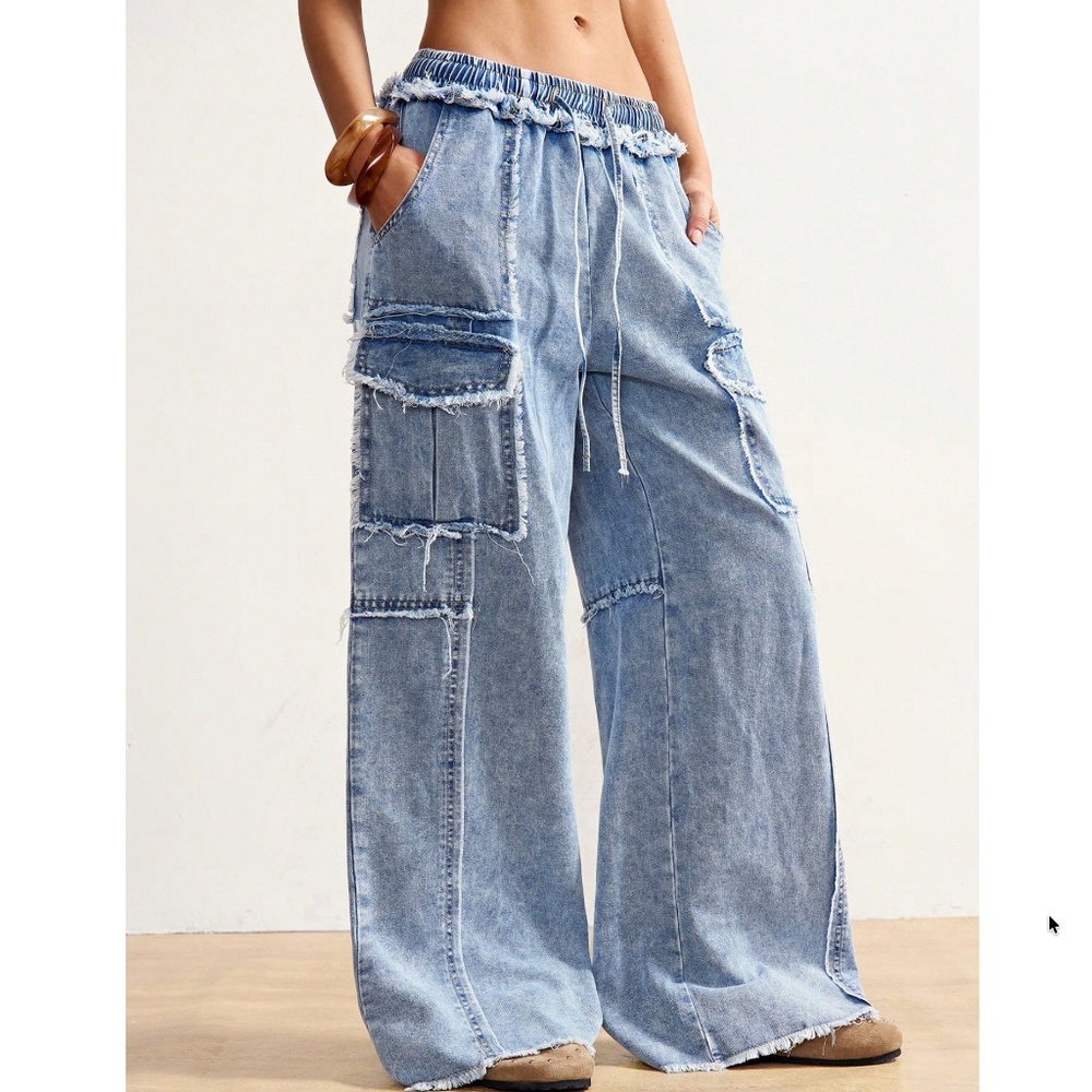 Light Wash Stretchy Waist Mineral Wash Wide Leg Denim Jeans Pants - Picture 3 of 5
